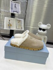 PRADA 25S FUR-LINED SABOT MULES IN BEIGE SUEDE