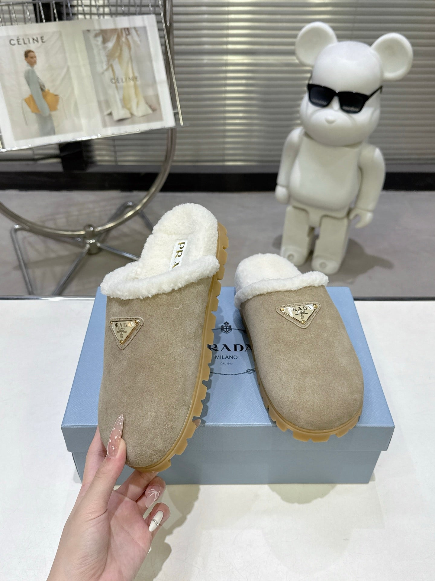 PRADA 25S FUR-LINED SABOT MULES IN BEIGE SUEDE