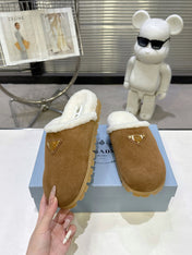 PRADA 25S FUR-LINED MULES IN BROWN SUEDE