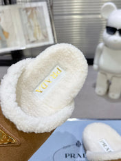 PRADA 25S FUR-LINED MULES IN BROWN SUEDE