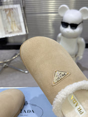 PRADA 25S FUR-LINED MULES IN BEIGE SUEDE