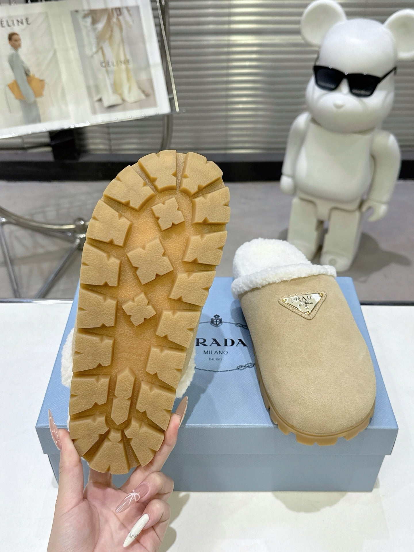 PRADA 25S FUR-LINED MULES IN BEIGE SUEDE