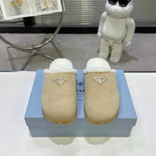 PRADA 25S FUR-LINED MULES IN BEIGE SUEDE