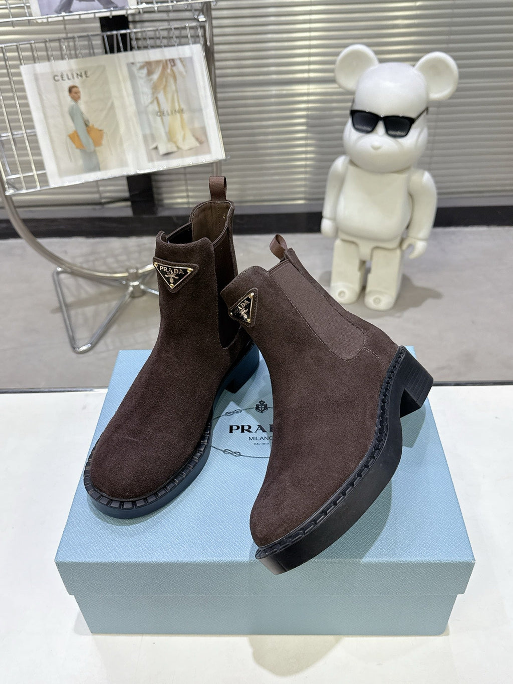 PRADA 25S RETRO PLATFORM MARTIN BOOTS IN DARK BROWN SUEDE