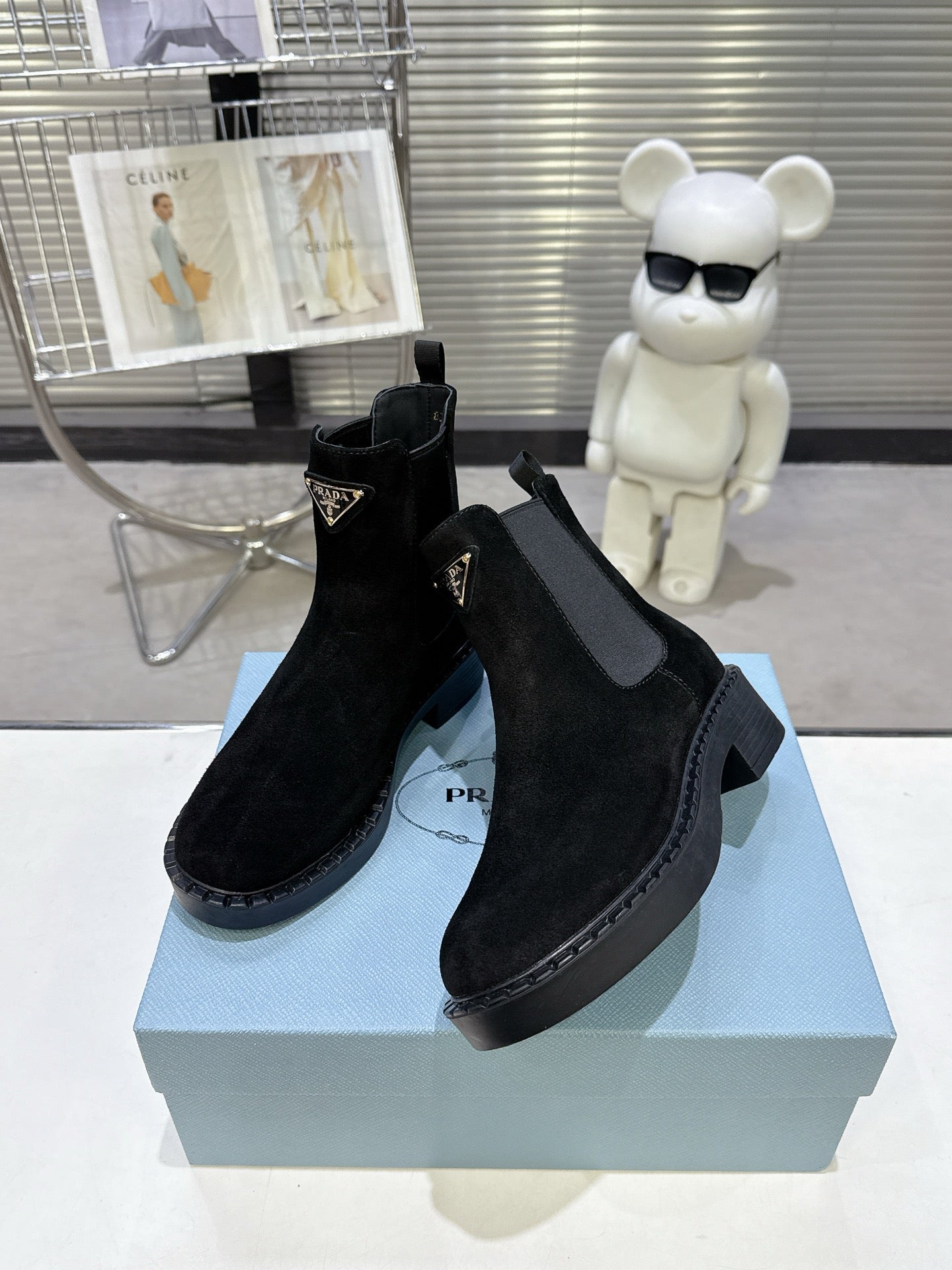 PRADA 25S RETRO PLATFORM MARTIN BOOTS IN BLACK SUEDE