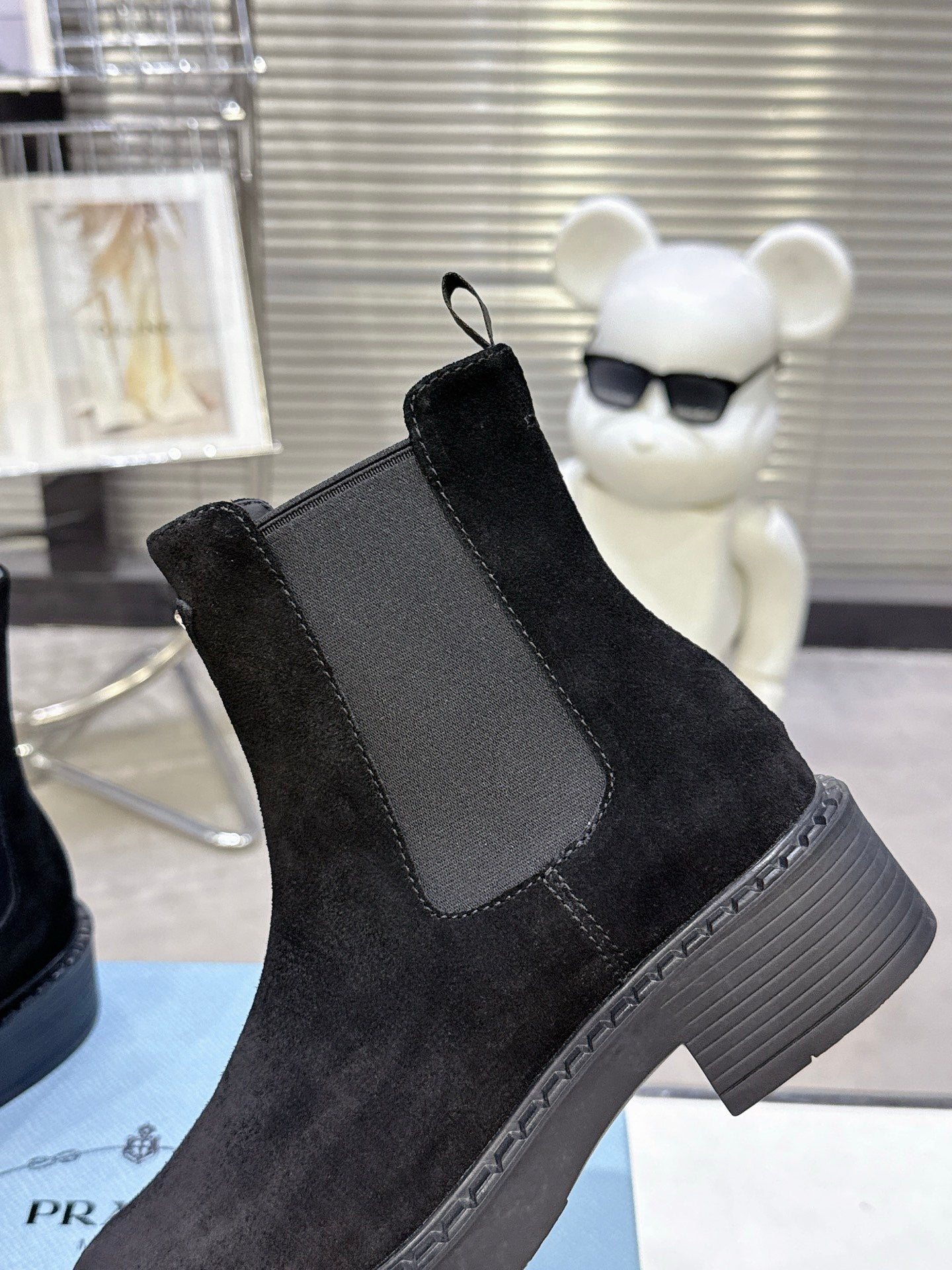 PRADA 25S RETRO PLATFORM MARTIN BOOTS IN BLACK SUEDE