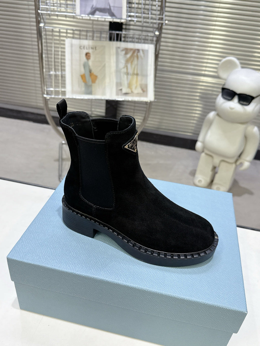 PRADA 25S RETRO PLATFORM MARTIN BOOTS IN BLACK SUEDE