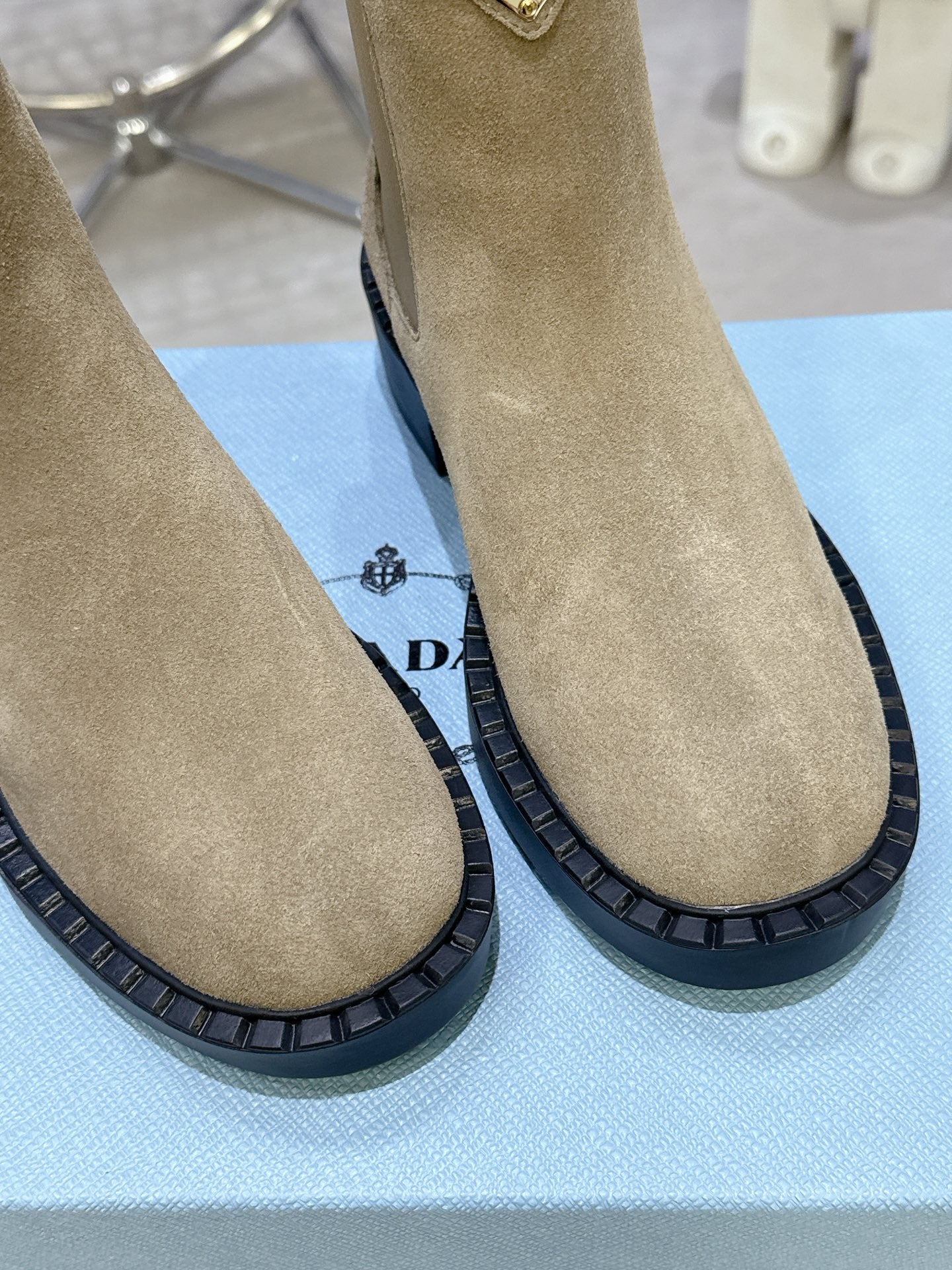 PRADA 25S RETRO PLATFORM MARTIN BOOTS IN BEIGE SUEDE