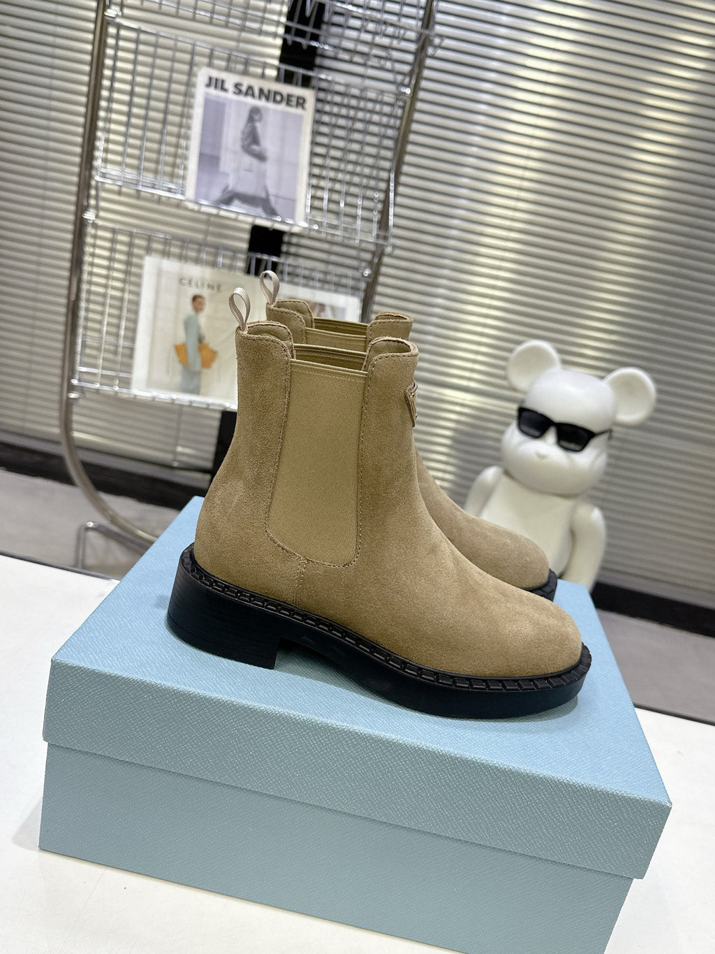 PRADA 25S RETRO PLATFORM MARTIN BOOTS IN BEIGE SUEDE