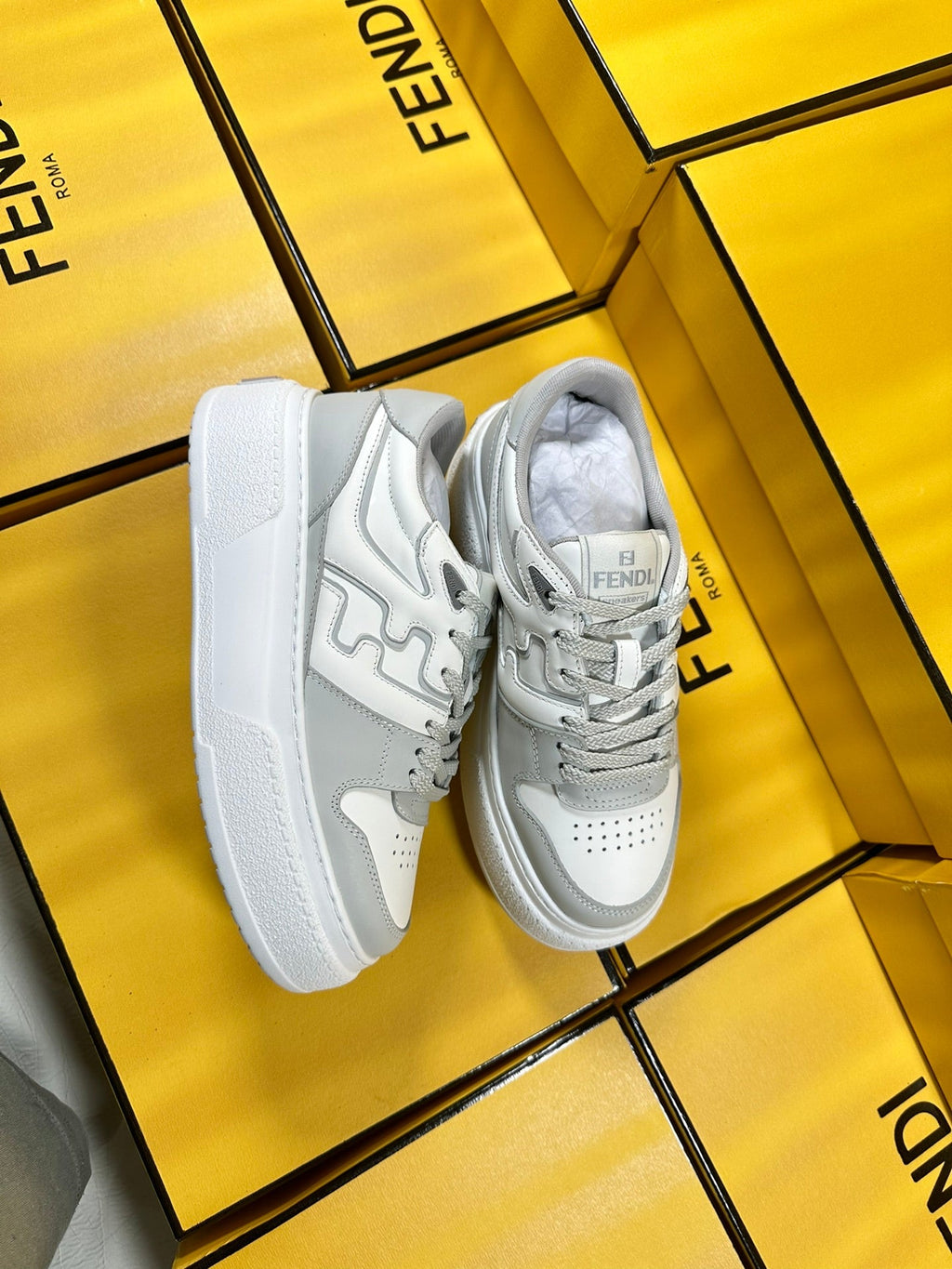 FENDI THICK-SOLDED SNEAKER IN WHITE MIX GREY LAMBSKIN