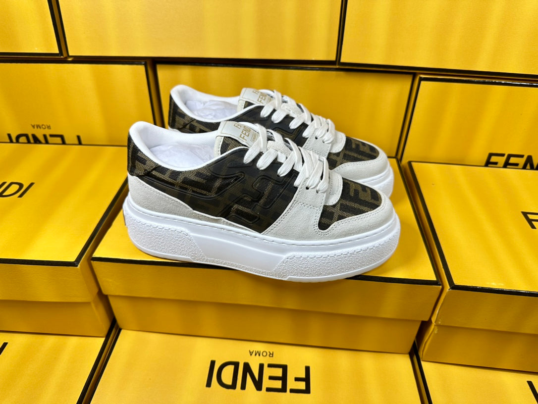 FENDI THICK-SOLDED SNEAKER IN WHITE SUEDE AND BROWN MONOGRAM FABRIC