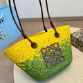 LOE SMALL ANAGRAM BASKET 28 BAG IN YELLOW MIX GREEN IRACA PALM AND CALFSKIN