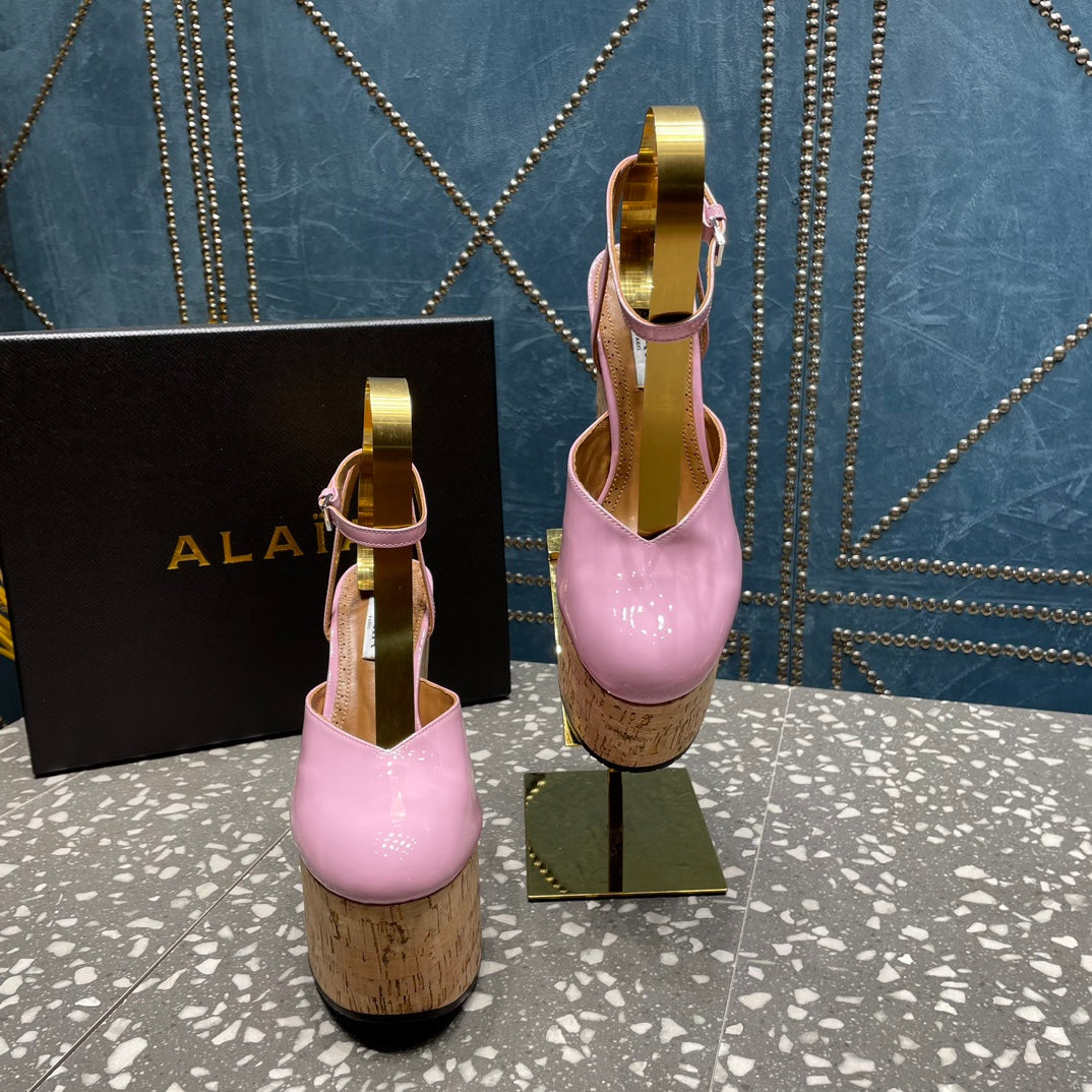 ALAIA WEDGE PUMP 15 CM IN NEON PINK LAMBSKIN AND BEIGE RUBBER