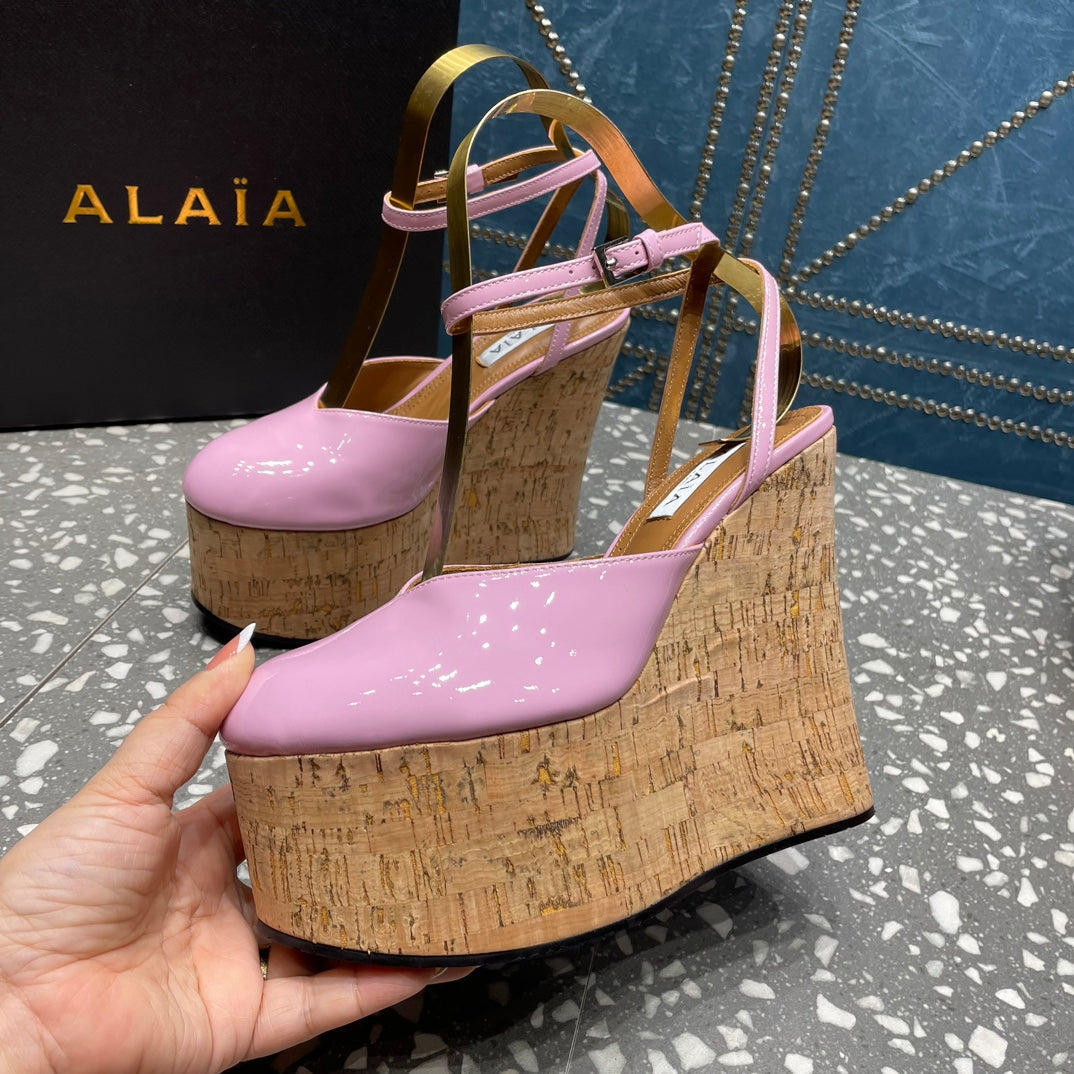 ALAIA WEDGE PUMP 15 CM IN NEON PINK LAMBSKIN AND BEIGE RUBBER