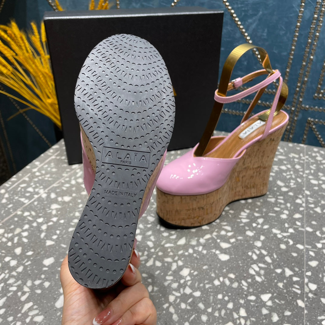 ALAIA WEDGE PUMP 15 CM IN NEON PINK LAMBSKIN AND BEIGE RUBBER