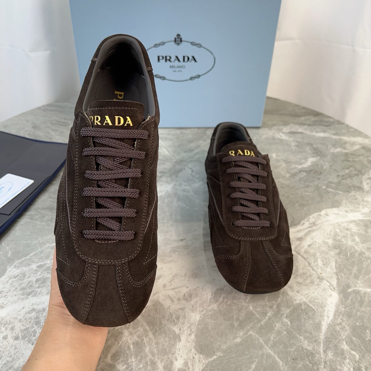 PRADA 25S MONTECARLO ANTIQUED SNEAKERS IN DARK BROWN SUEDE