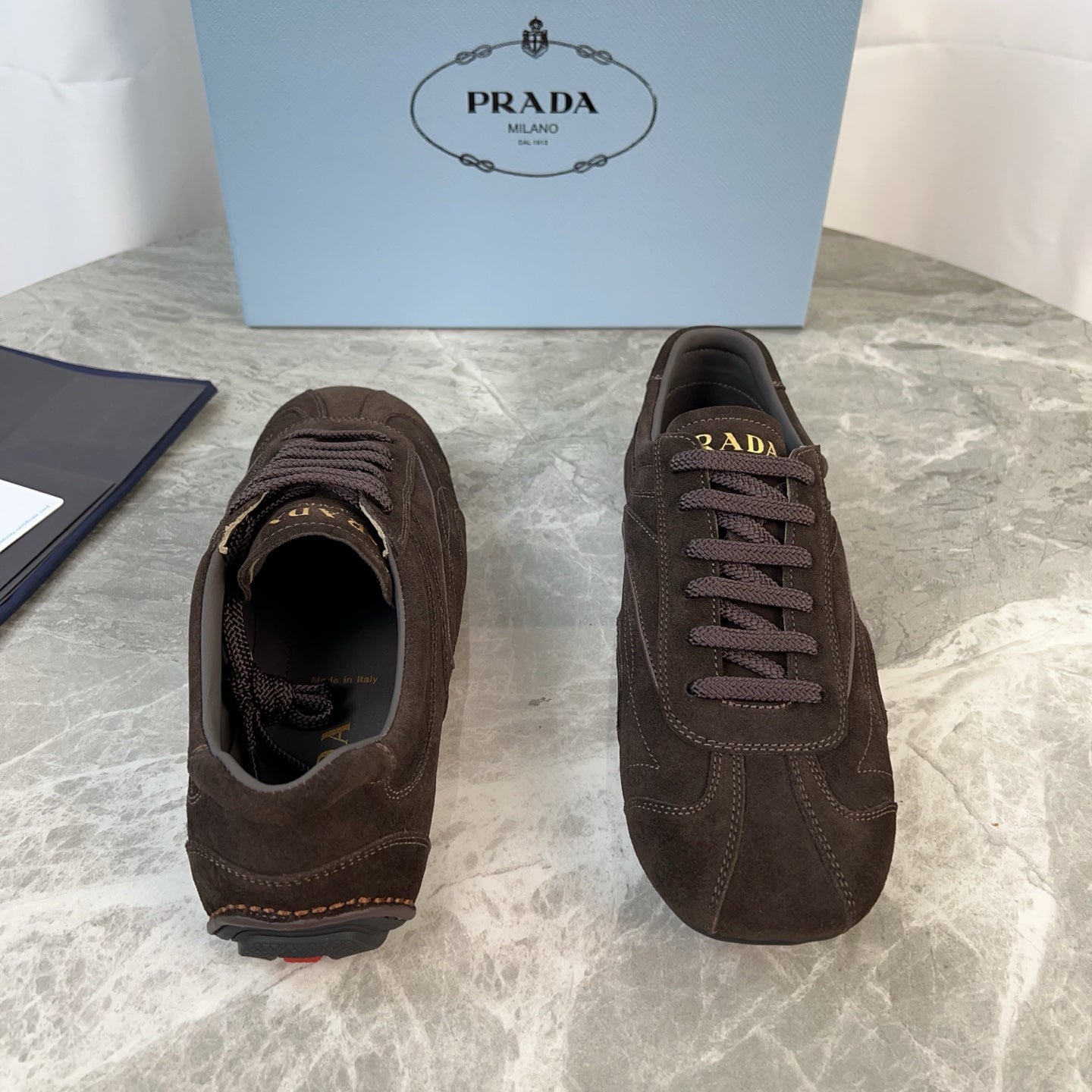 PRADA 25S MONTECARLO ANTIQUED SNEAKERS IN DARK BROWN SUEDE