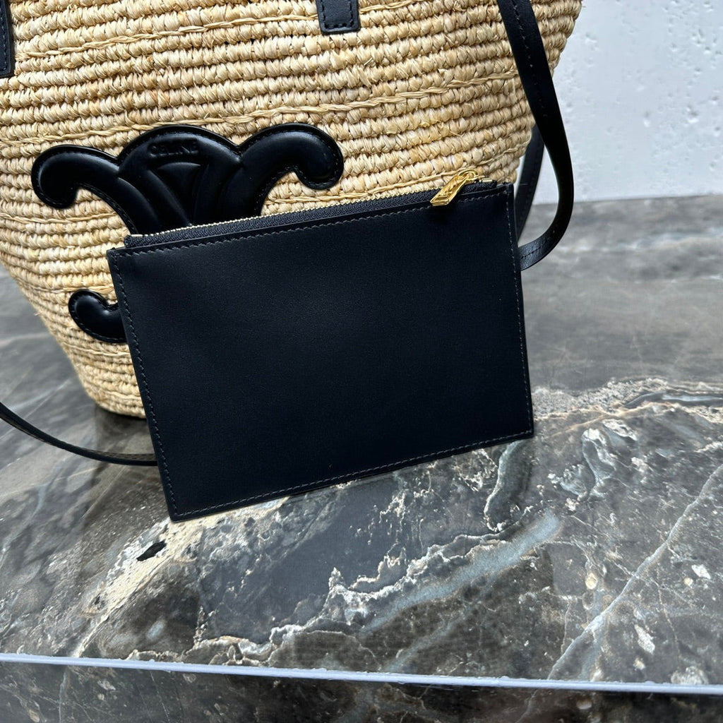 CELINE 25S TEEN BAG 22 IN NATURAL MIX BLACK RAFFIA CALFSKIN SHOULDER STRAP