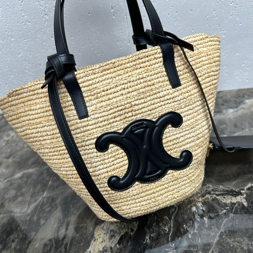 CELINE 25S TEEN BAG 22 IN NATURAL MIX BLACK RAFFIA CALFSKIN SHOULDER STRAP