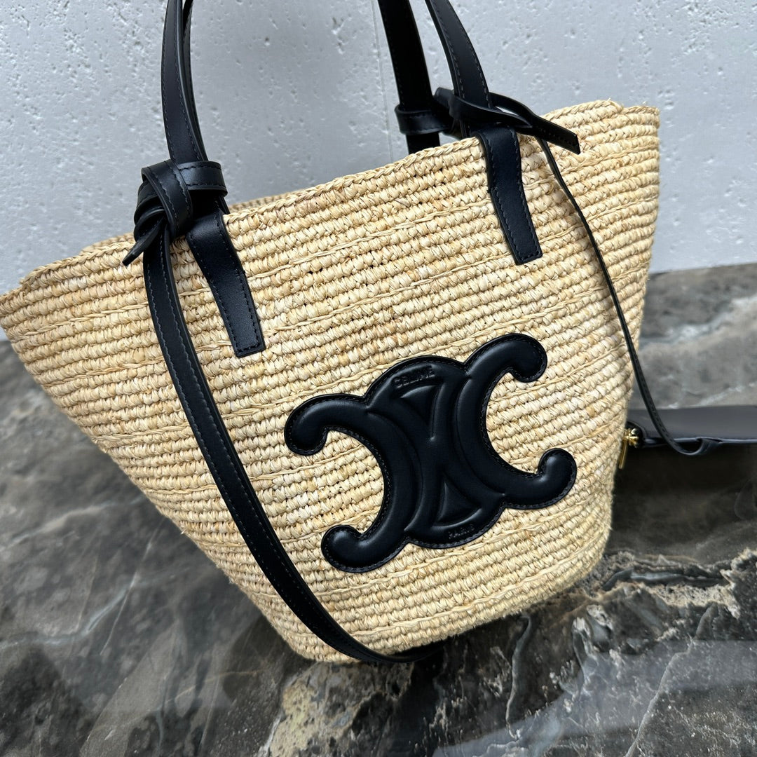 CELINE 25S TEEN BAG 22 IN NATURAL MIX BLACK RAFFIA CALFSKIN SHOULDER STRAP
