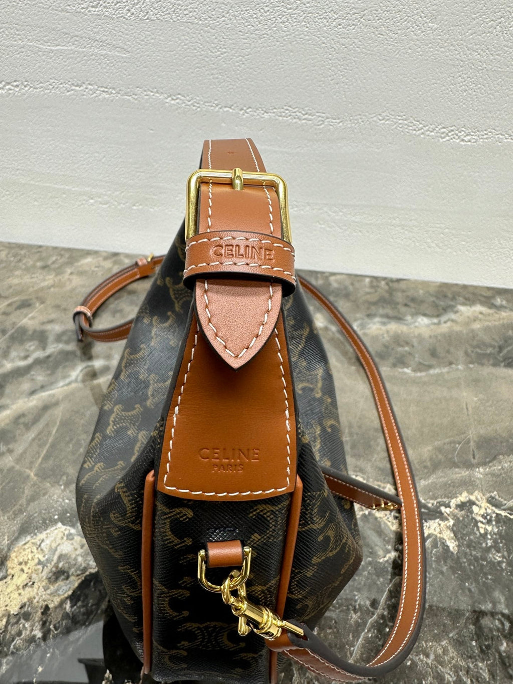 CELINE 25S TEEN LULU BAG 24 IN BLACK TRIOMPHE CANVAS AND BROWN CALFSKIN TRIM