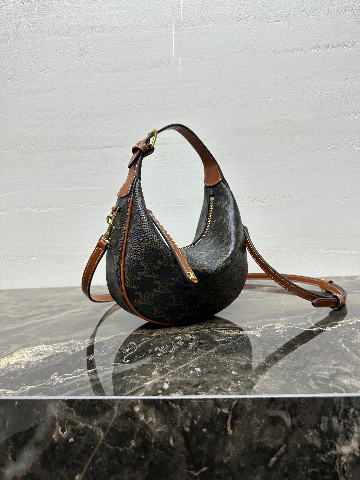 CELINE 25S TEEN LULU BAG 24 IN BLACK TRIOMPHE CANVAS AND BROWN CALFSKIN TRIM