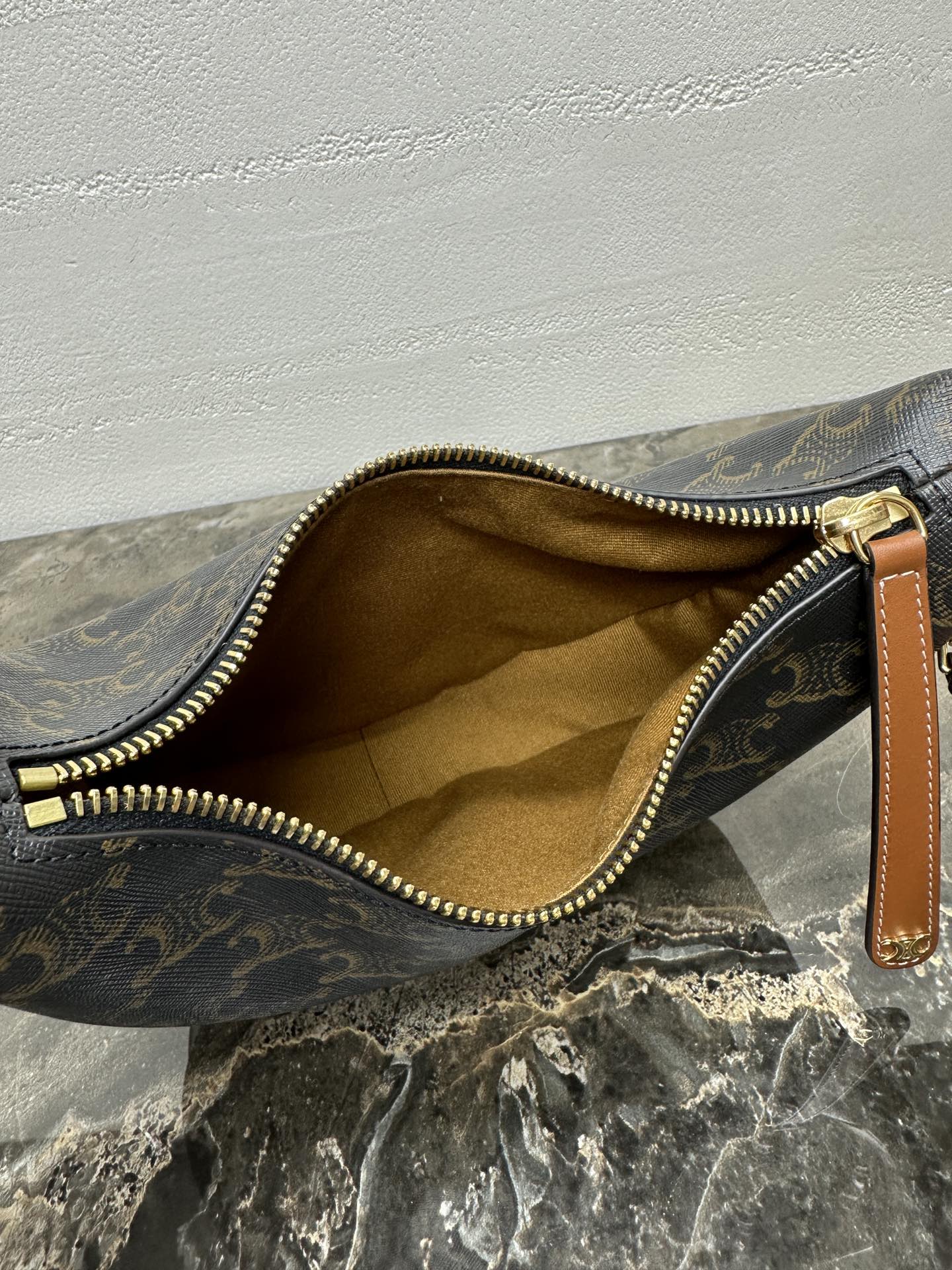 CELINE 25S TEEN LULU BAG 24 IN BLACK TRIOMPHE CANVAS AND BROWN CALFSKIN TRIM