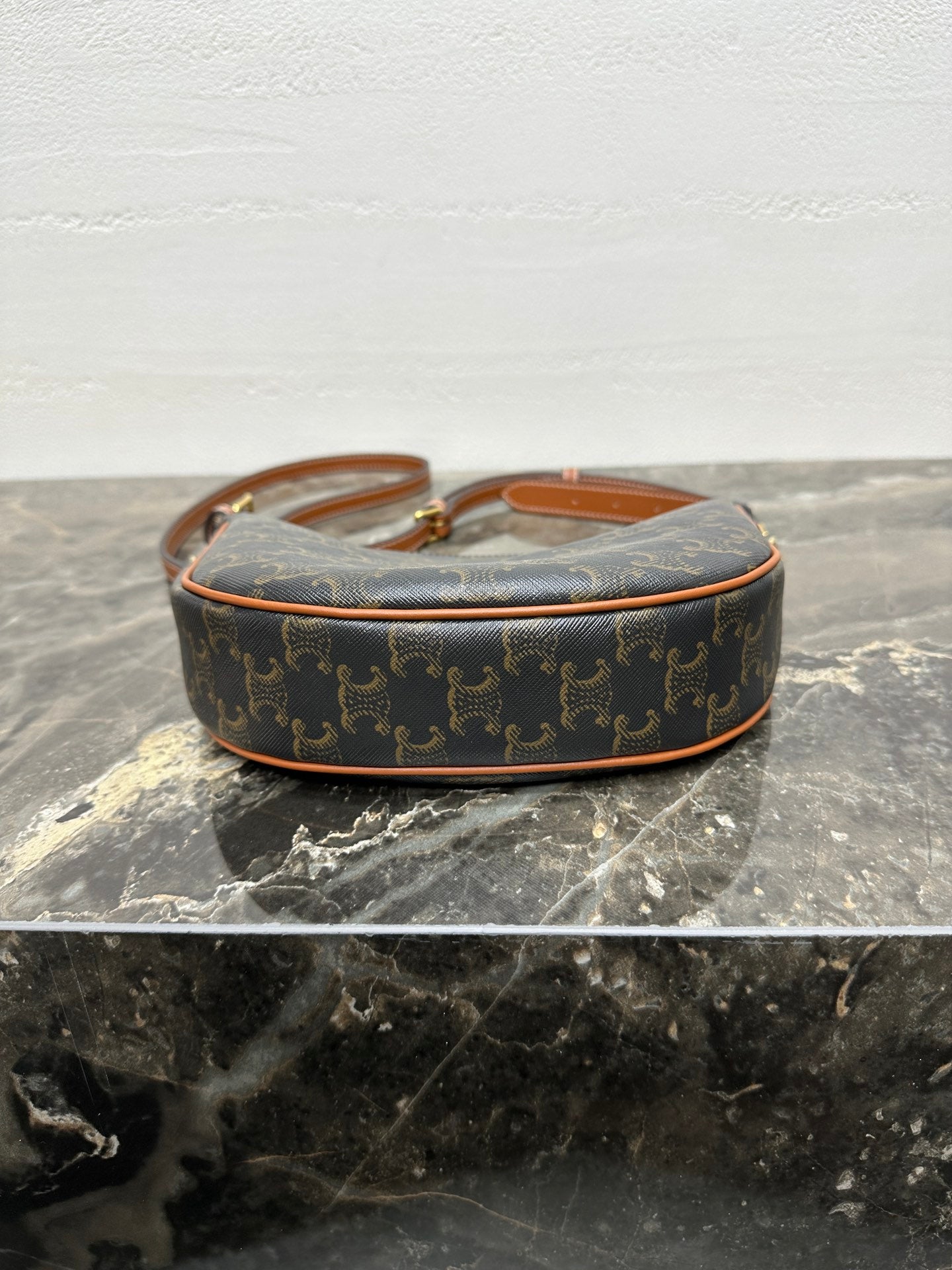 CELINE 25S TEEN LULU BAG 24 IN BLACK TRIOMPHE CANVAS AND BROWN CALFSKIN TRIM