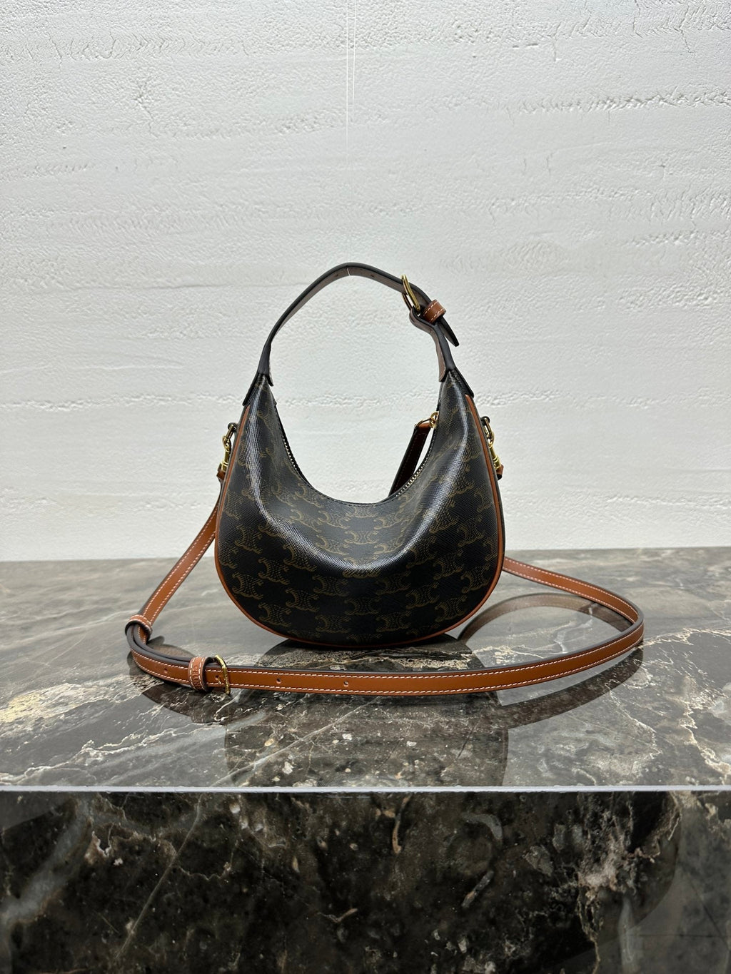 CELINE 25S TEEN LULU BAG 24 IN BLACK TRIOMPHE CANVAS AND BROWN CALFSKIN TRIM