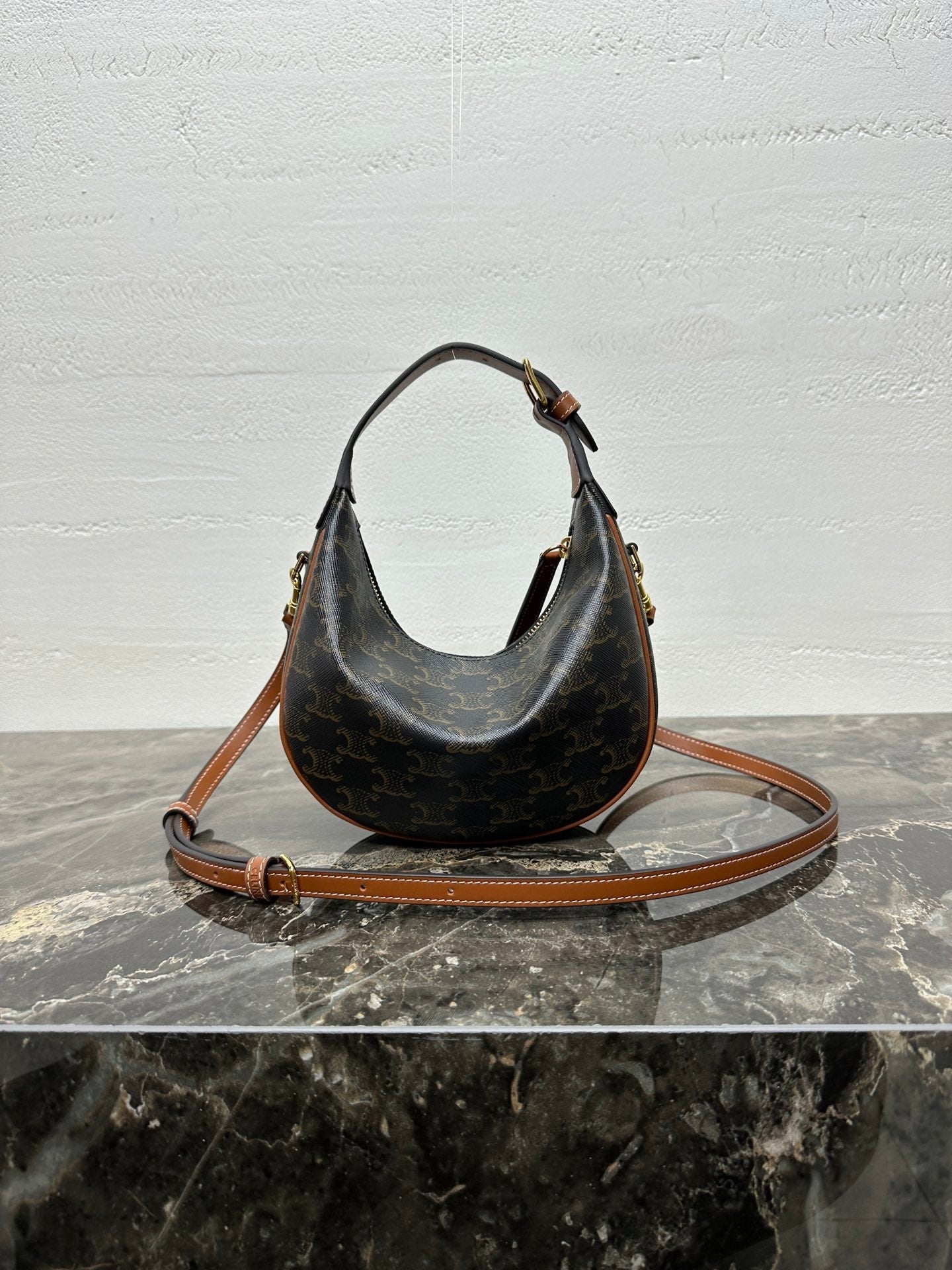 CELINE 25S TEEN LULU BAG 24 IN BLACK TRIOMPHE CANVAS AND BROWN CALFSKIN TRIM