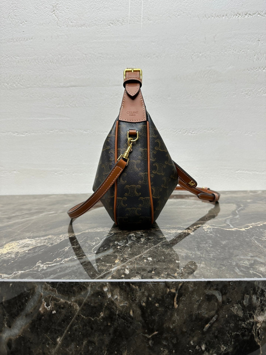 CELINE 25S TEEN LULU BAG 24 IN BLACK TRIOMPHE CANVAS AND BROWN CALFSKIN TRIM