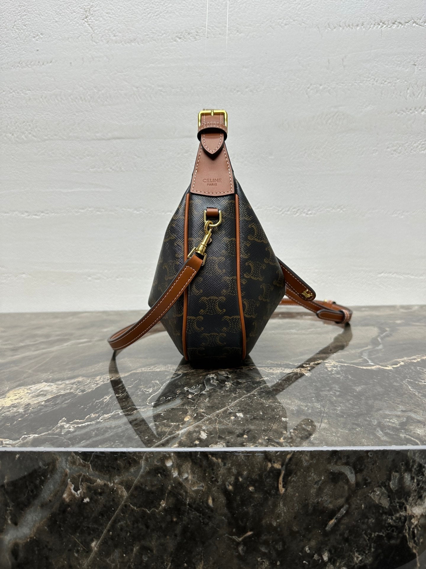 CELINE 25S TEEN LULU BAG 24 IN BLACK TRIOMPHE CANVAS AND BROWN CALFSKIN TRIM