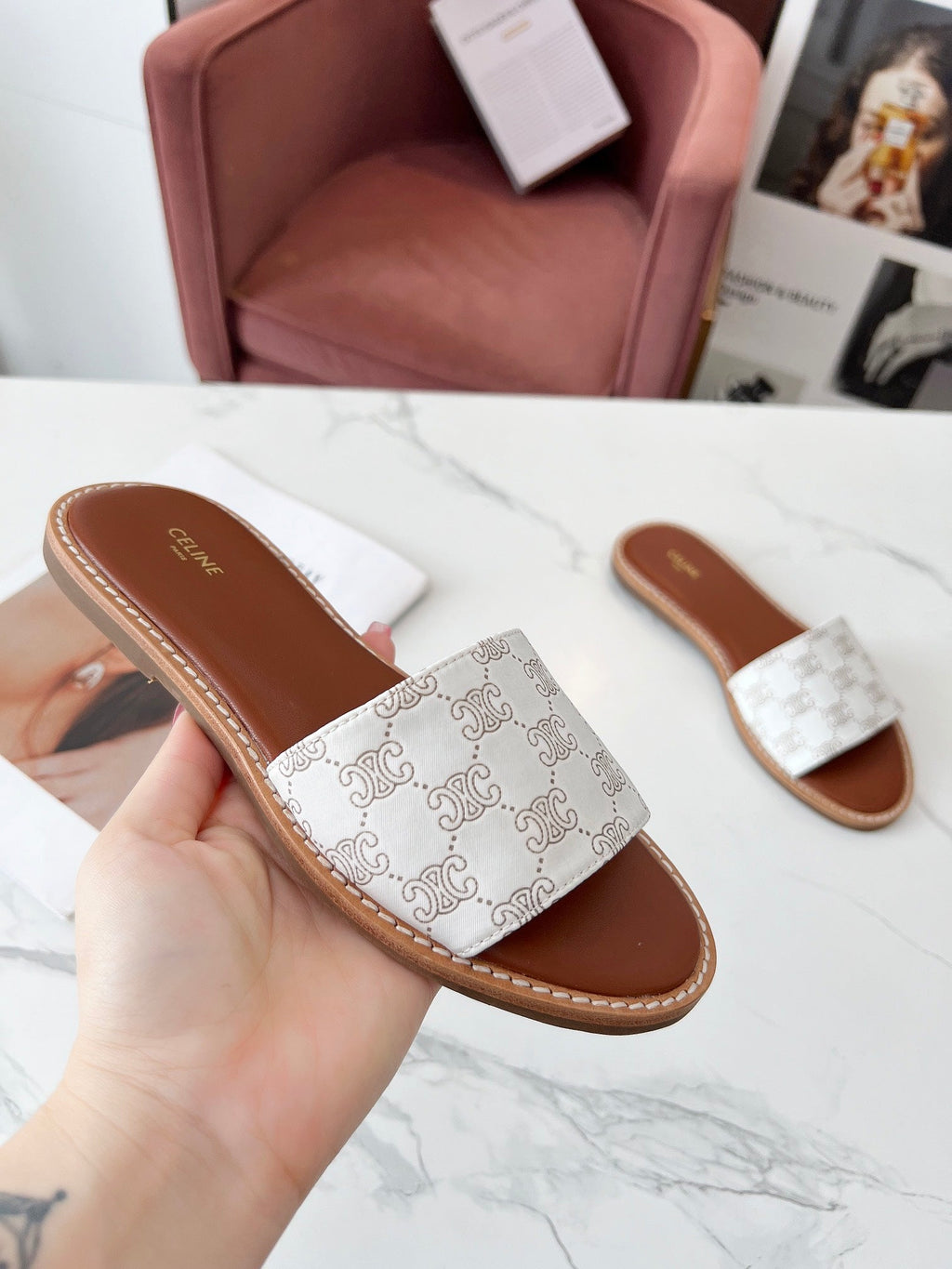 LYMPIA MULE WHITE CANVAS EMBROIDERED LOGO