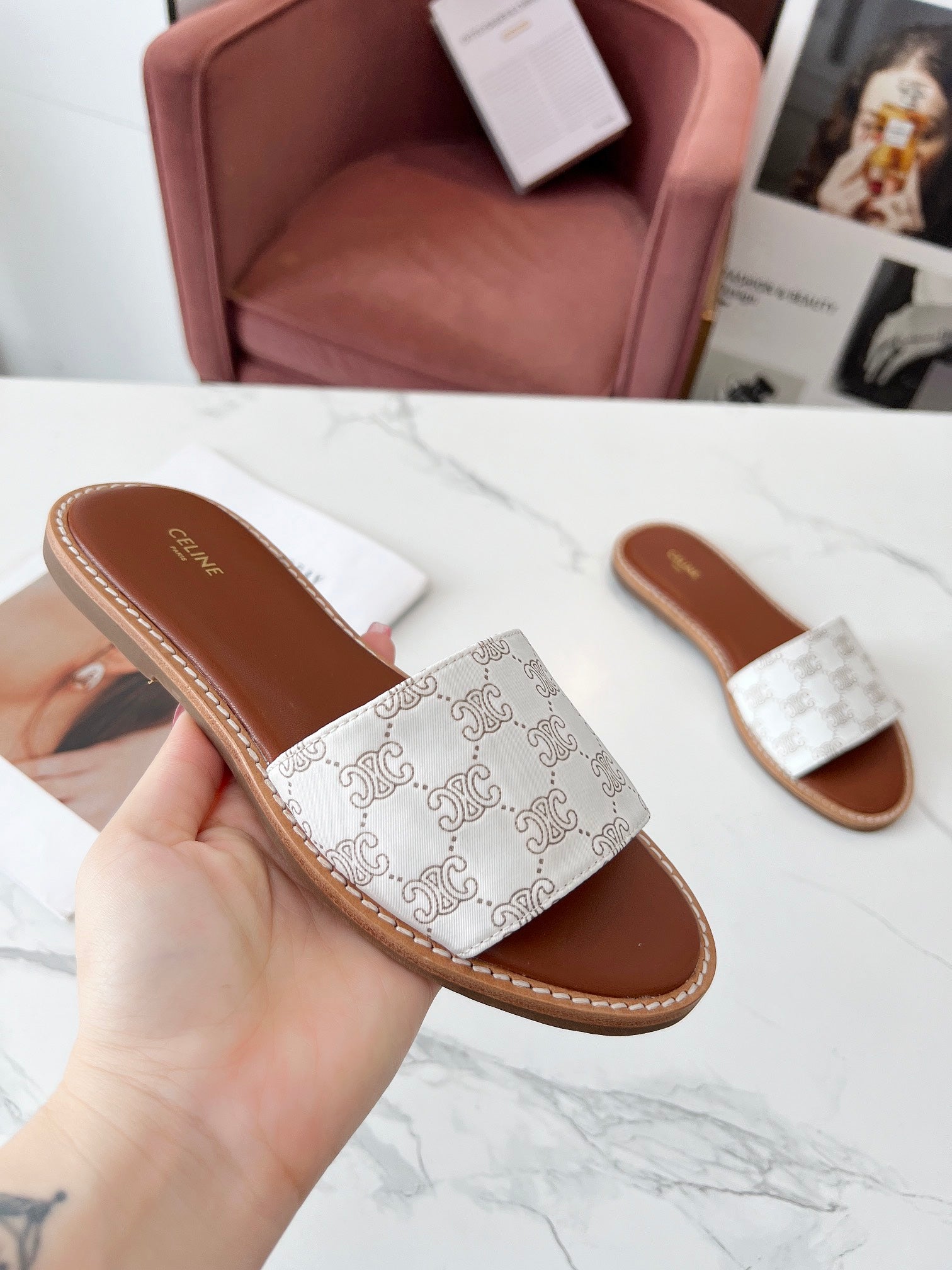 LYMPIA MULE WHITE CANVAS EMBROIDERED LOGO