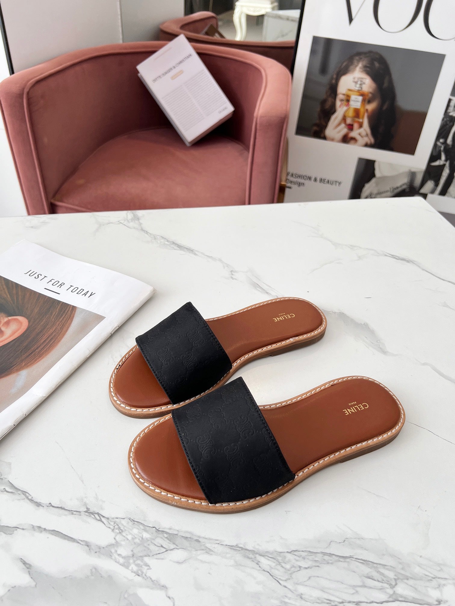 LYMPIA MULE BLACK CANVAS EMBROIDERED LOGO