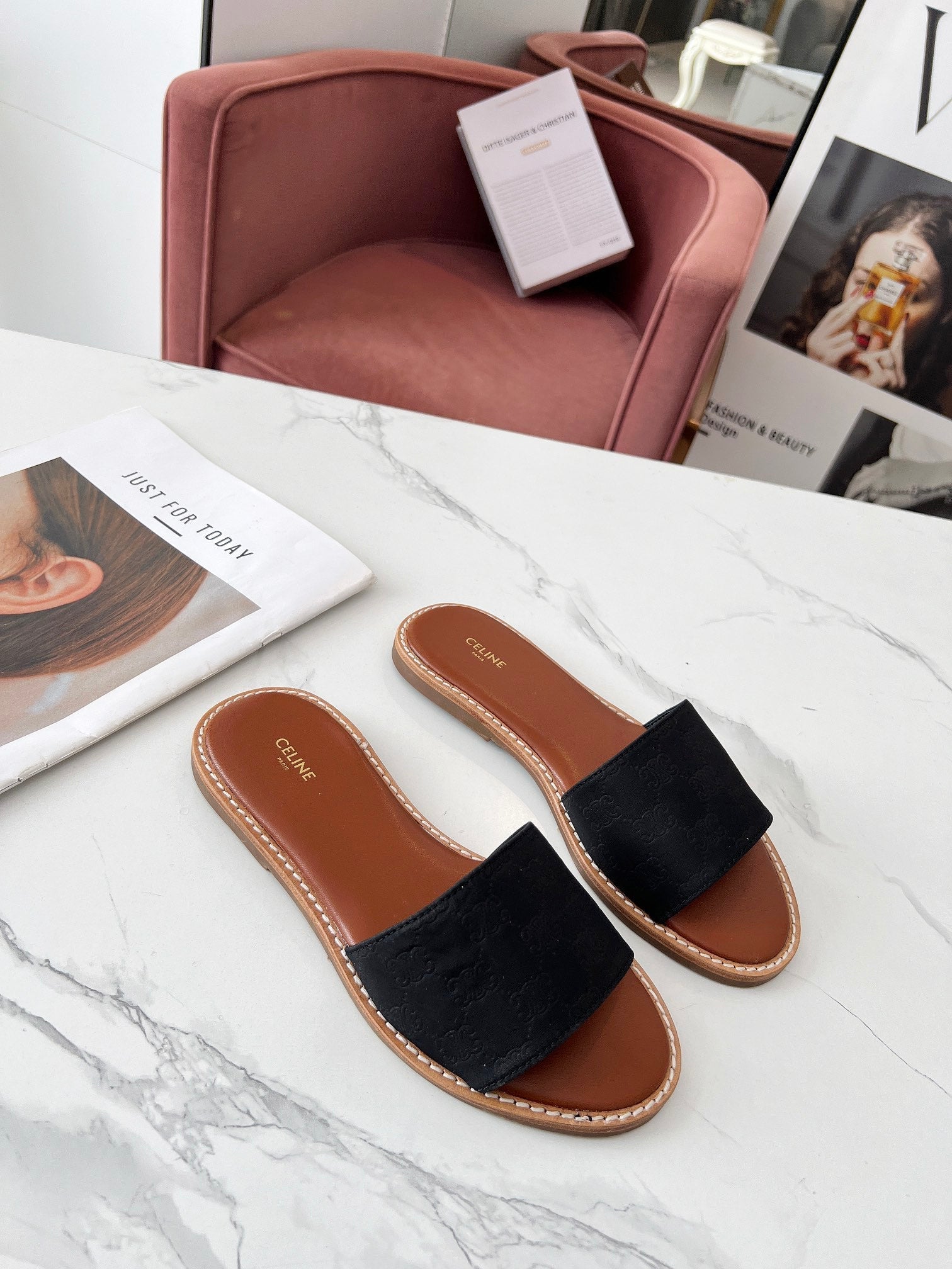 LYMPIA MULE BLACK CANVAS EMBROIDERED LOGO