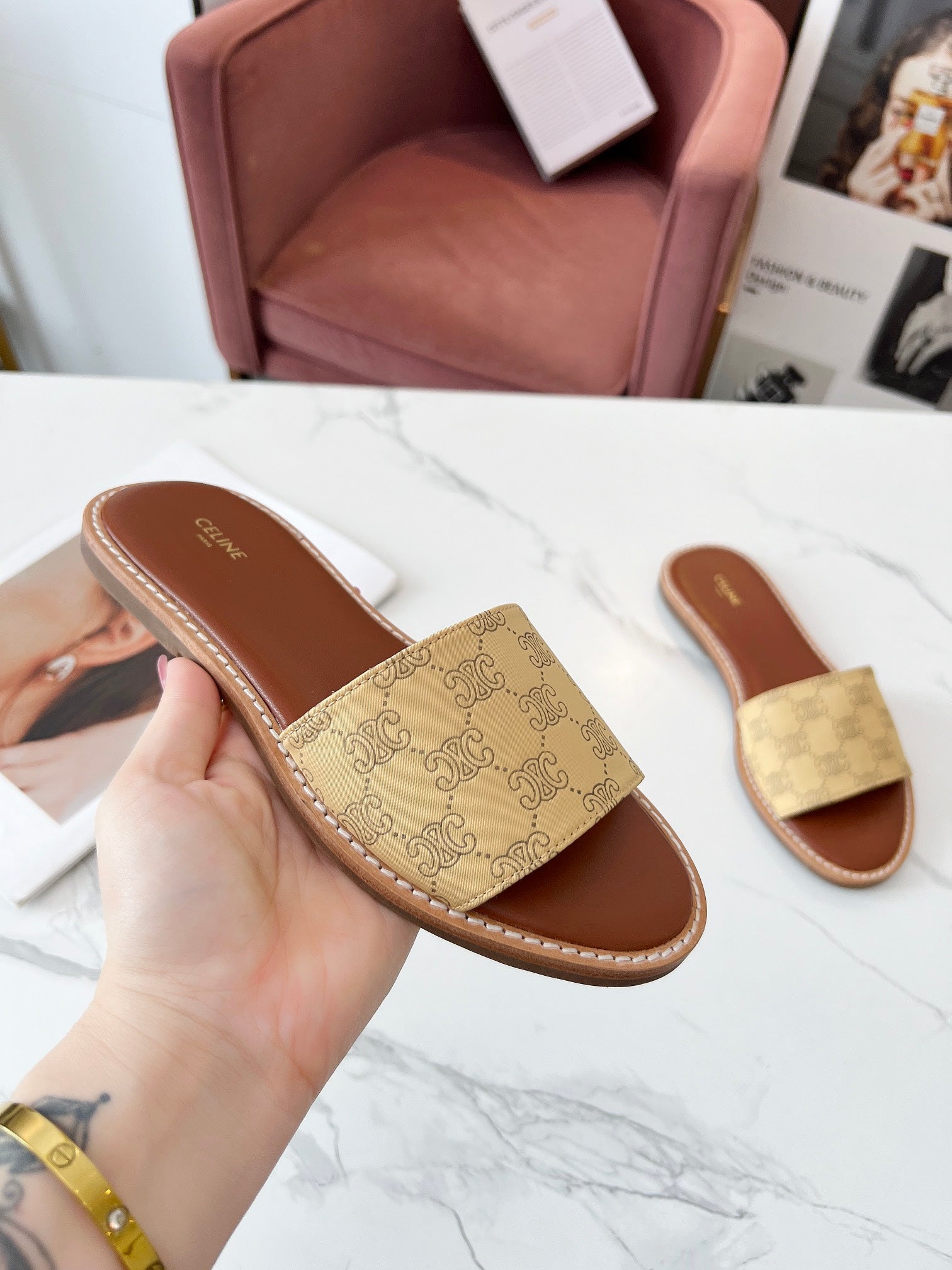 LYMPIA MULE BEIGE CANVAS EMBROIDERED LOGO