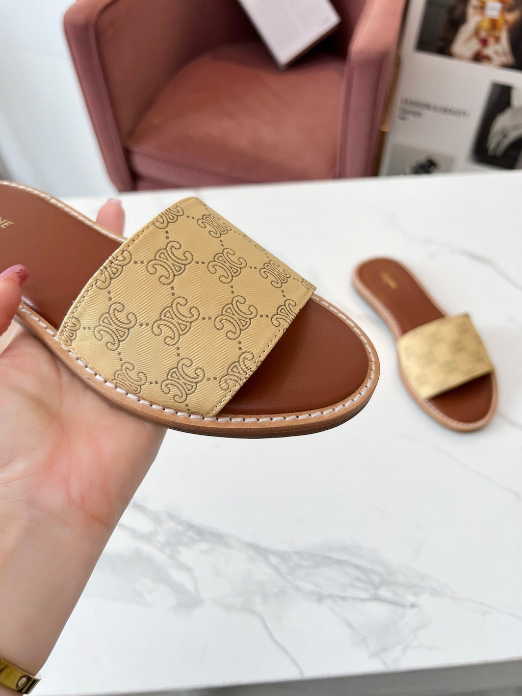 LYMPIA MULE BEIGE CANVAS EMBROIDERED LOGO