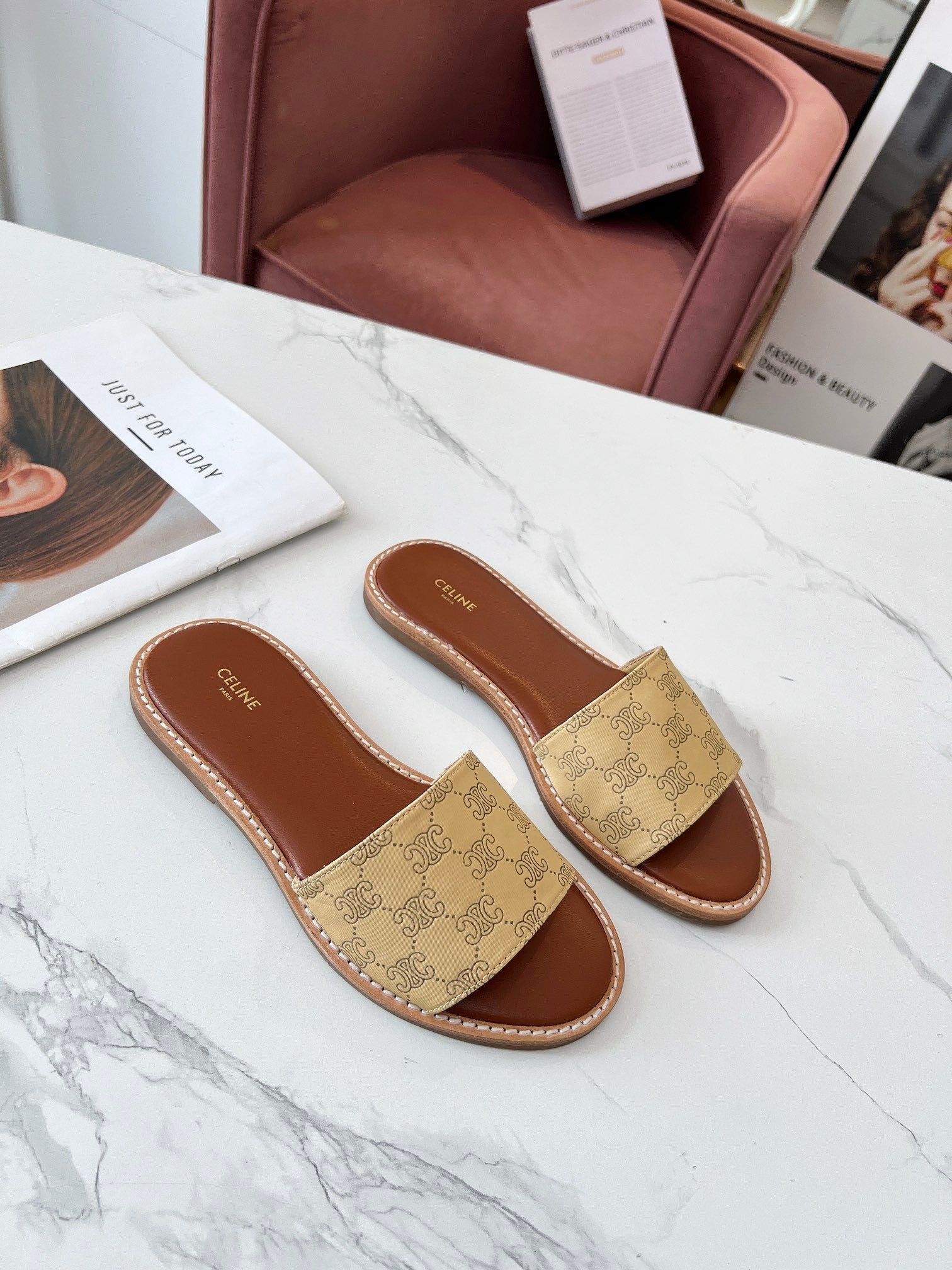 LYMPIA MULE BEIGE CANVAS EMBROIDERED LOGO