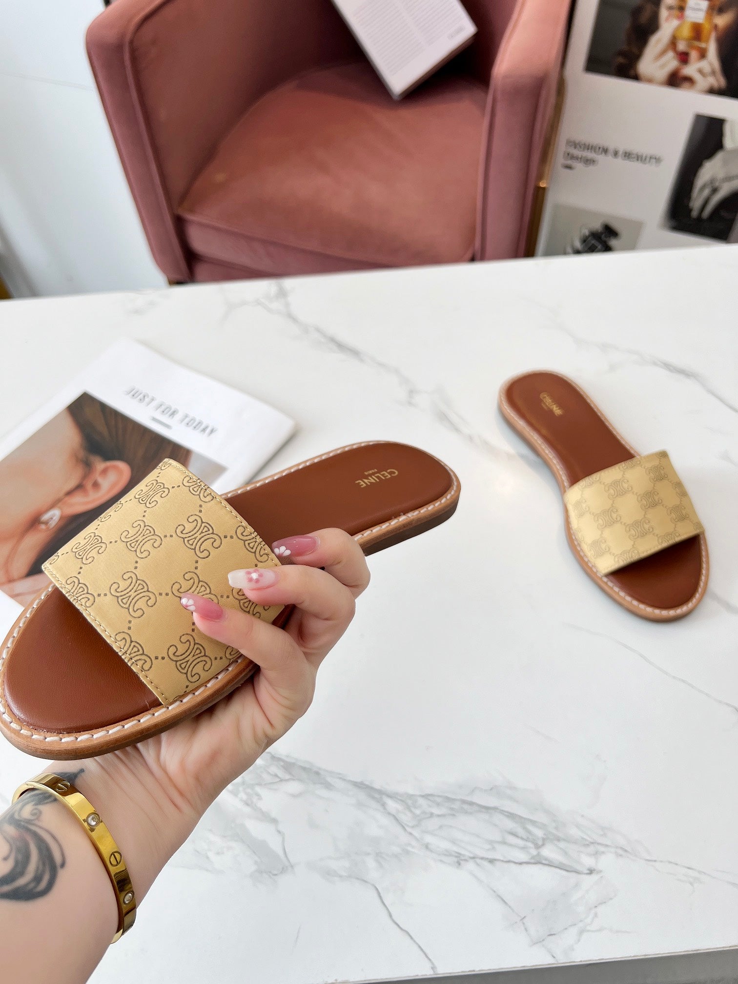 LYMPIA MULE BEIGE CANVAS EMBROIDERED LOGO