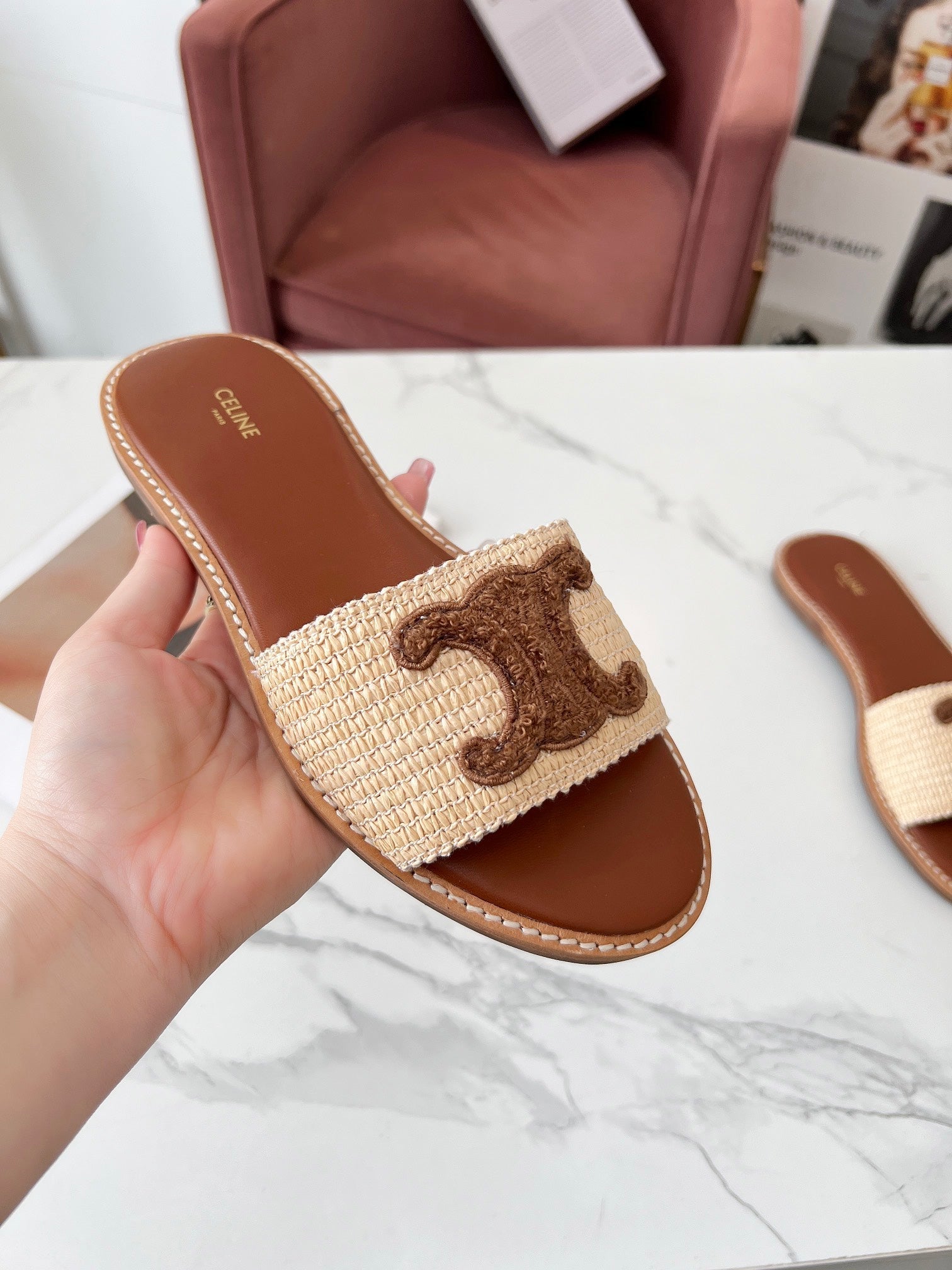 LYMPIA MULE BEIGE RAFFIA AND BROWN WOOL LOGO