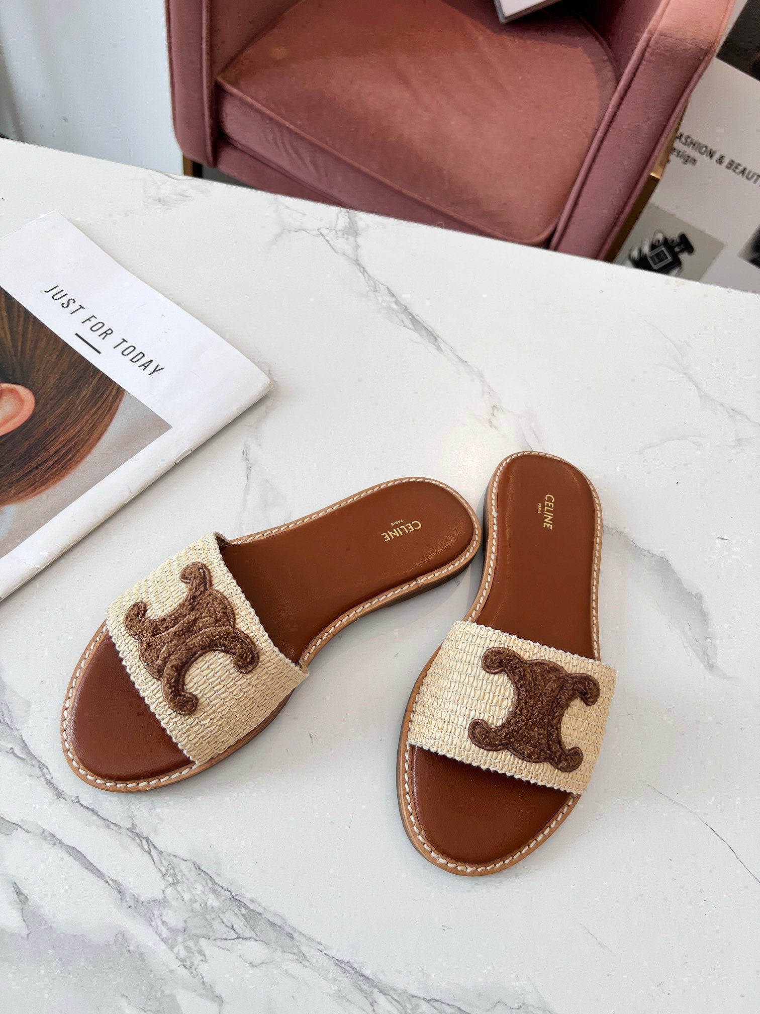 LYMPIA MULE BEIGE RAFFIA AND BROWN WOOL LOGO