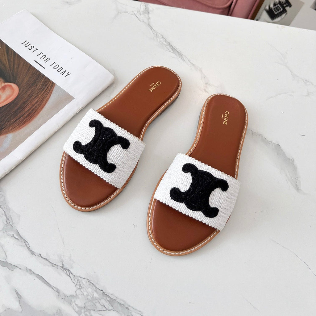 LYMPIA MULE WHITE RAFFIA AND BLACK WOOL LOGO