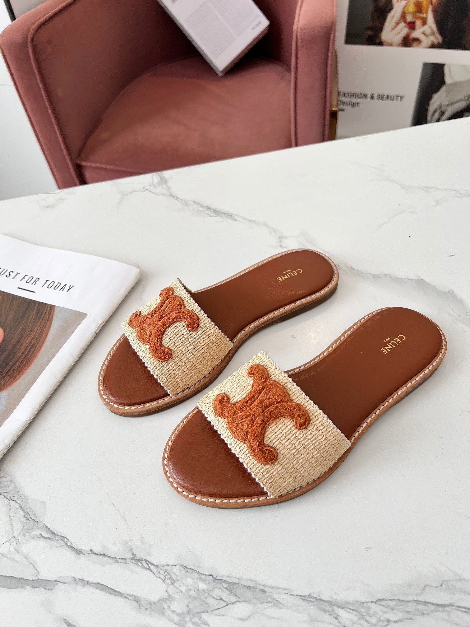 LYMPIA MULE BEIGE RAFFIA AND TAN WOOL