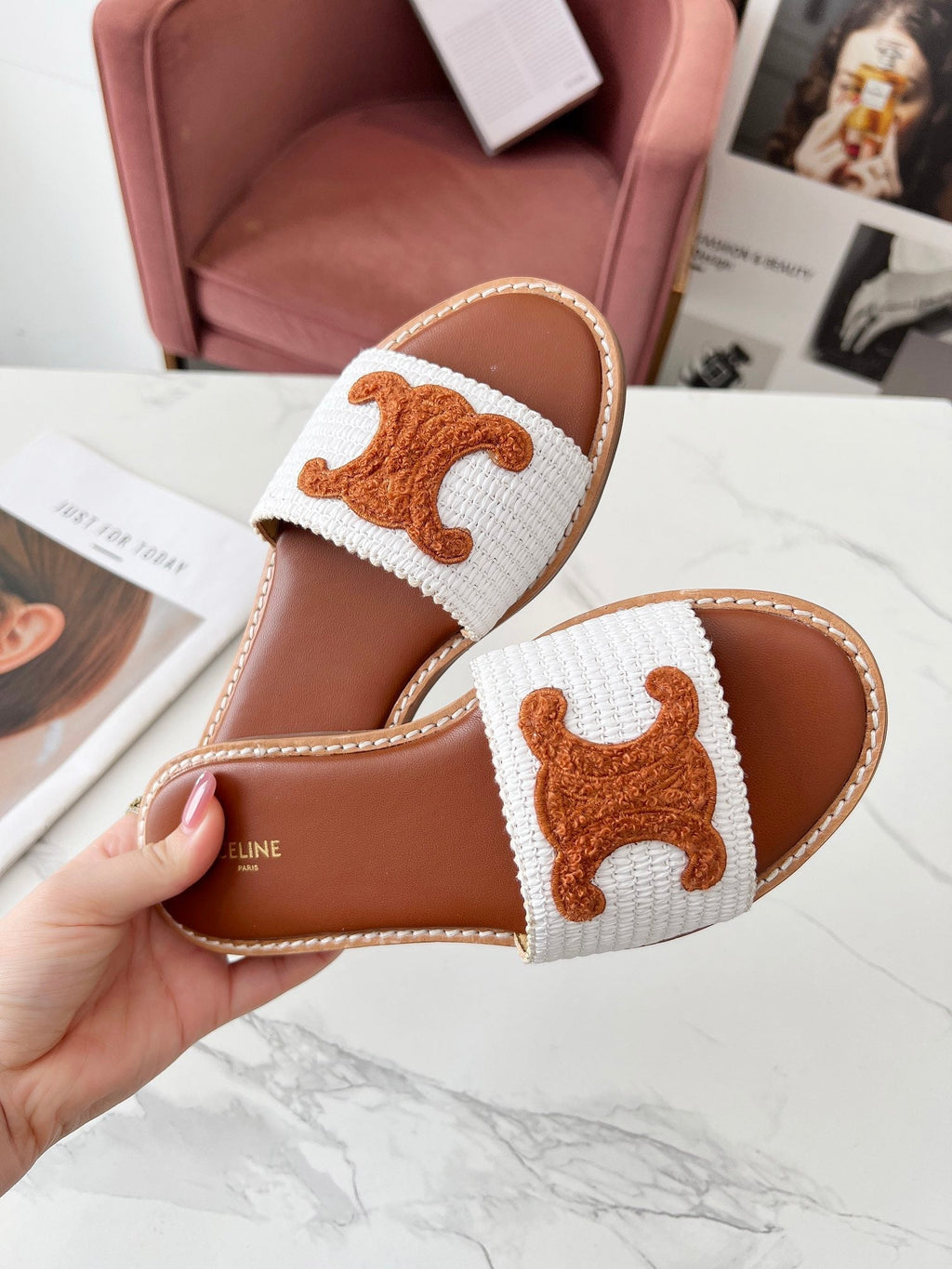 LYMPIA MULE WHITE RAFFIA AND TAN WOOL