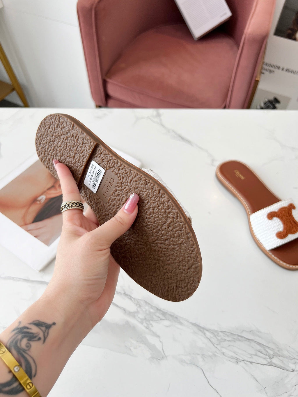 LYMPIA MULE WHITE RAFFIA AND TAN WOOL