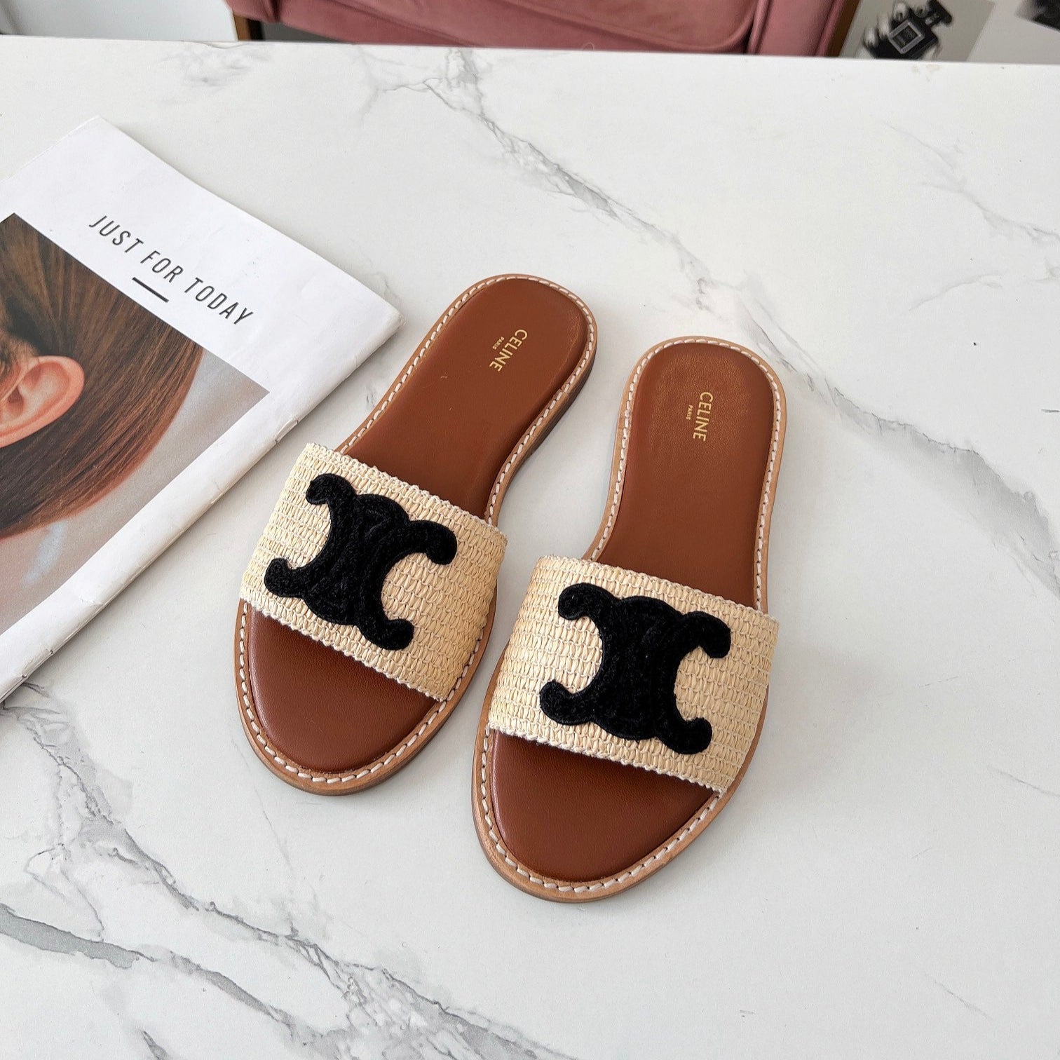 LYMPIA MULE BEIGE RAFFIA BLACK WOOL LOGO