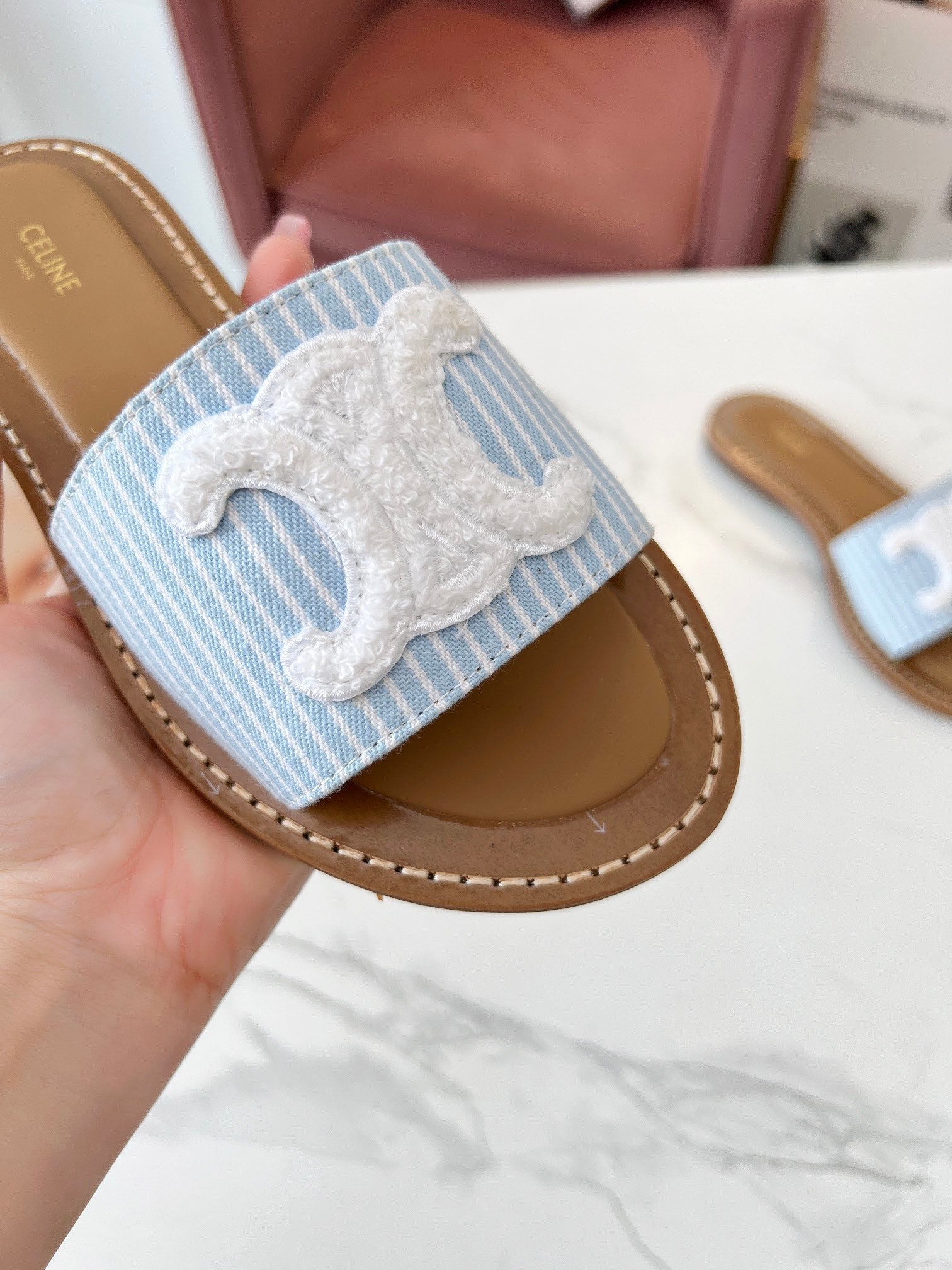 LYMPIA MULE STRIPED BLUE SKY CANVAS WOOL LOGO