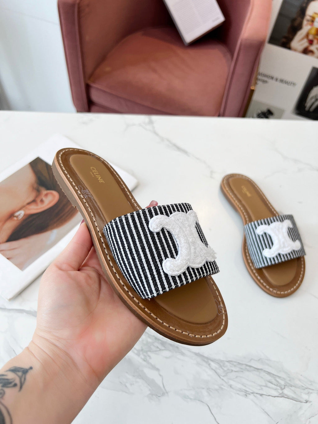 LYMPIA MULE STRIPED CANVAS WOOL LOGO