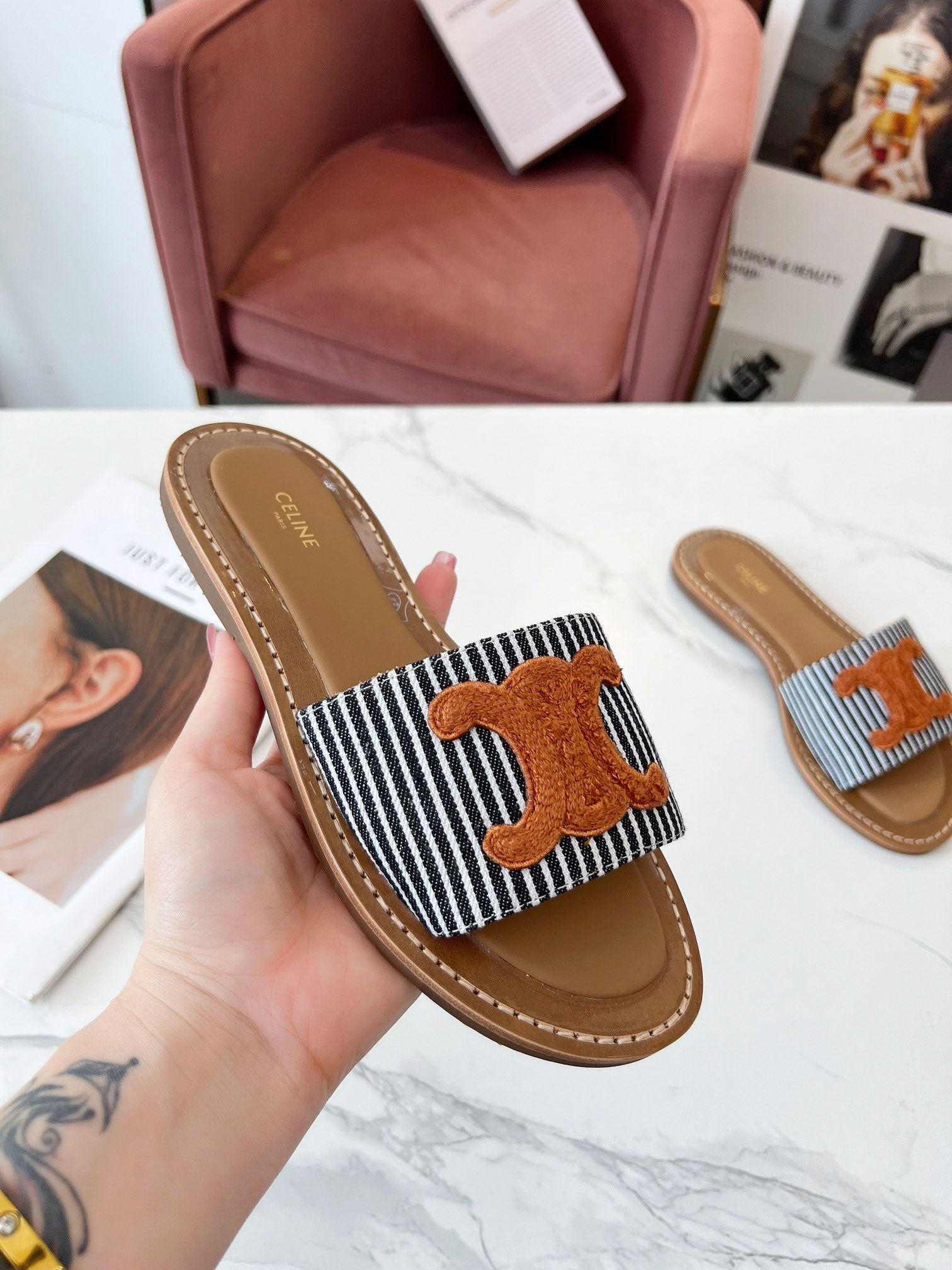 LYMPIA MULE BLACK MIX WHITE CANVAS WOOL LOGO